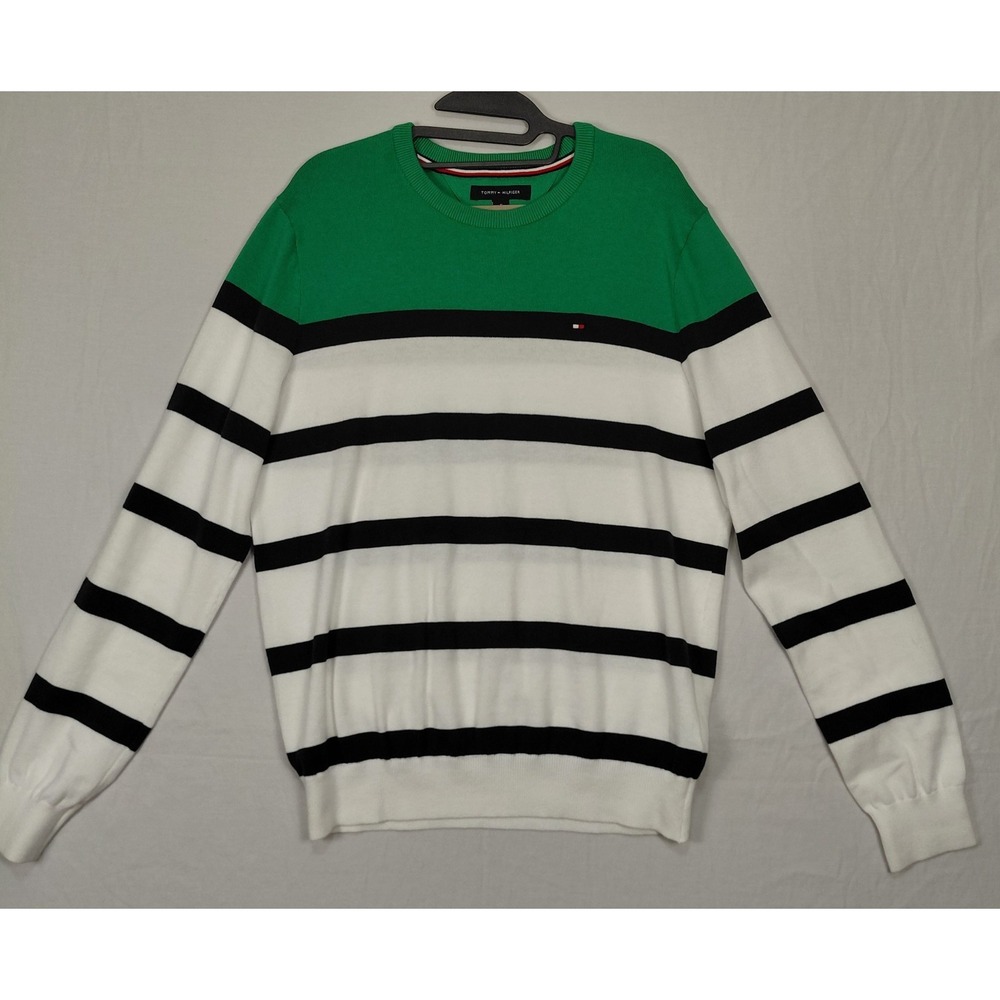 Tommy Hilfiger Sweater Mens Sz M Knit Striped Green Navy White Preppy Crest Logo - Picture 3 of 14